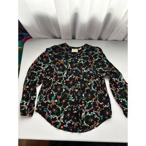 Maeve Anthropologie Black Floral Rayon Button Front Blouse Long Sleeve Small